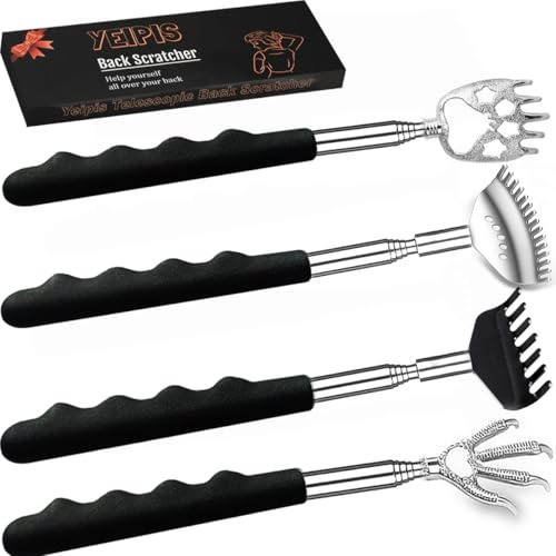 Yeipis Paquete de 4 rascadores de espalda extensibles con asas de goma, rascador de espalda telescópico portátil de metal con hermosa caja, regalos para hombres, mujeres, niños y adultos