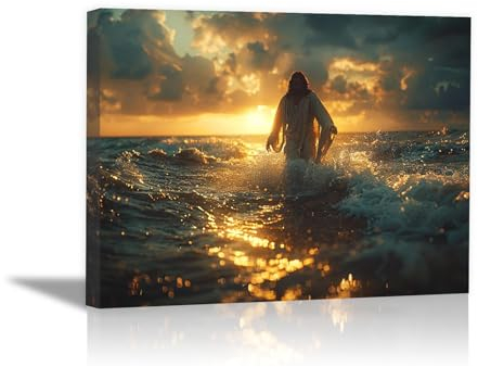 SHYAMIC Wandkunst Leinwand Malerei jesus bild, Jesus Ozean christliches Jesus-Porträt, Leinwand, abstraktes gerahmtes Gemälde, moderne Kunstwerke für Schlafzimmer, Wohnzimmer - 70x110cm Gerahmt