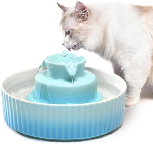 VinDox Keramik Katzenbrunnen 2,1L Trinkbrunnen für Katze und Hund, Katzenbrunnen Porzellan, Katzen Wasserspender mit Ersatzfilter und Schaumstoff Intelligente Pumpe (blau)