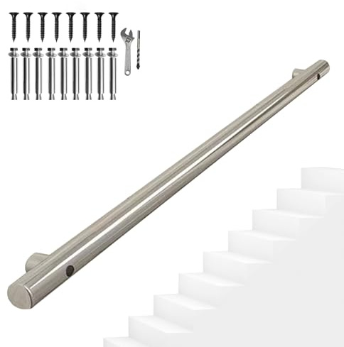 Pasamanos de acero inoxidable para escaleras: 1 m, 150 cm, 2 m, 240 cm, 3 m, 6 m, barandilla de escalera, montaje en pared exterior, pasamanos de seguridad, varilla de soporte con kit de soportes ( Si