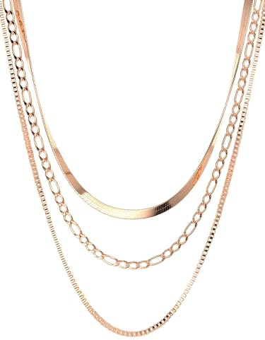 THIORA Layering Kette Rosegold 'Layers of Maui' | 42cm + 6cm Länge | Halskette Damen | Schlangenkette Figaro Venezianerkette | Hochwertiger Edelstahl | Boho Necklace (Rosegold)