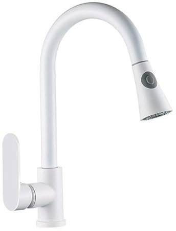 BIANBHUO Wasser-Küchenarmatur, ausziehbarer Küchenwasserhahn, mehrfarbiger Kupferkörper, flaches DREI-Wege-Gemüsespülbecken, drehbarer Teleskop-Warm- und Kaltwasserhahn, weiß
