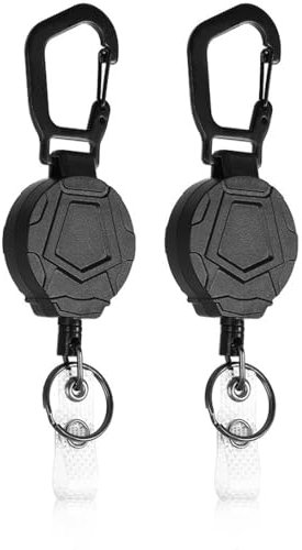 SJDOFU Einziehbarer Schlüsselanhänger, 2 Stücke Strapazierfähiger Karabiner-Ausweishalter, Taktische ID-Ausweisrolle mit 60cm Einziehbarer Stahlseil(Schwarz)