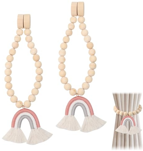 IETWATE 2PCS Curtain Tie Backs, Rainbow Tassel Pendant Magnetic Tie Backs for Curtains, Wooden Bead Magnetic Curtain Tiebacks, Boho Decor Curtain Ties, for Bedroom Nursery Farmhouse