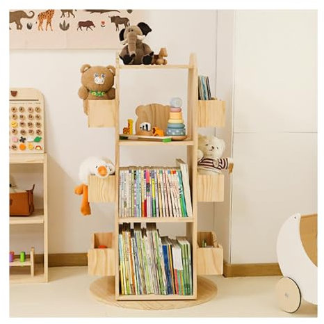 JHIAADEY 360°-Display, bodenstehendes Bücherregal,Drehbares Bücherregal,Aufbewahrungsregal for Kinder, Bücherregal for Kinder aus Holz, Aufbewahrungsregal for Bücher, Vitrine, Bücherregal(Bear Model)