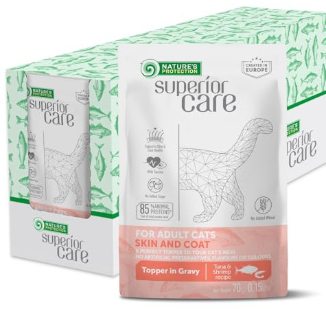 Nature's Protection Superior Care - Cibo umido per gatti adulti, per la cura della pelle e del pelo, tonno e gamberetti ad alto contenuto proteico in sacchetti di sugo, per una pelle sana e un pelo e
