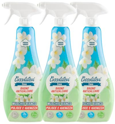 COCCOLATEVI Spray Anticalcare Bagno Muschio Bianco 750 ml x 3, Detergente Bagno Super Profumante, Rimuove Calcare e Residui di Sapone, Lucida e Protegge, Pulisce e Igienizza