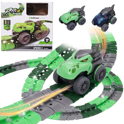 Siairo Autorennbahn Rennbahn Auto Spielset, Dinosaurier Auto Spielzeuge Inklusive 138 Stück Tracks Rennbahn Racetrack Spielset für Kinder, Geschenk Junge Kinderspielzeug ﻿