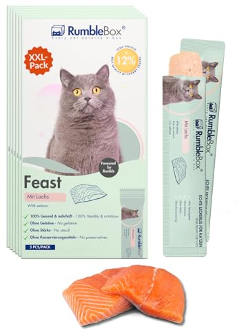 RumbleBox Schleckies mit Lachs, getreidefrei & zuckerfrei für Allergiker, Gesunde Leckerlis für Katzen mit nur 5 Zutaten (Sparbox XXL 6x75g)