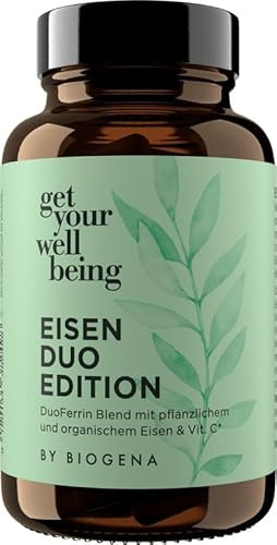 get your wellbeing by BIOGENA - Eisen Duo-Komplex, 60 Kapseln | Pflanzliches Eisenbisglycinat, Mit Vitamin-C, Unterstützt das Immunsystem, Konservierungsstofffrei, vegan