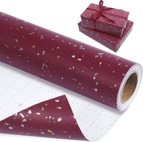MAMUNU Rot Geschenkpapier Rolle Metallic, 43cm x 10m Rot und Goldfolie Geschenkpapierrolle für Mädchen Frauen, Mattes Geschenkpapier Kraftppaier für Weihnachten, Hochzeit, Geburtstag