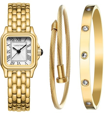 CHEETAH Women’s Gold Bangle Watch and Bracelet Set, Small Vintage Roman Dial in White