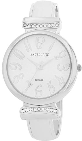 Excellanc Damen-Spangenuhr Metallarmband Armreif lesbare Ziffern Länge 16 cm Quarz-Armbanduhr Geschenkidee für Frauen (Silber/Weiß)