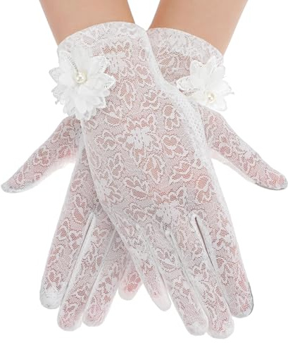 HJZHII 1 Pair Lace Gloves, White Lace Gloves Tea Party Summer Sun Uv Protection Screentouch Elegant Laces Glove for Tea Party Wedding Opera Evening Prom