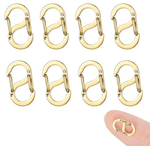 8 Stück Edelstahl Doppelt öffnende S - Lock Verschlüsse - Mini Karabiner für Armband & Halsketten DIY,12mm,Antirutsch & Stabil (Silber、Gold) (Gold)