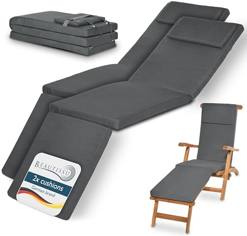 Beautissu 2-pack lyxiga solstolsdynor 175x45x5 cm LoftLux DC – avtagbart överdrag bekväma solsängsdynor för solstol solstolsdynor trädgårdsmöbler lounge dynor grafitgrå – väderbeständiga och hållbara