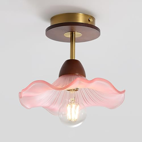 DLGLOLIN Lampada da Soffitto in Vetro, Vintage Creatività Fiore Plafoniera, E27 Rosa Illuminazione a Soffitto, Legno Lampadario A Sospensione Per Soggiorno Sala da Pranzo Camera