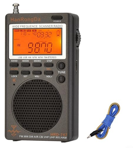 HRD-747 SSB Radio de onda corta FM estéreo con reloj y antena de cable de 10 pies Banda AM sintonización digital Receptor de radio portátil Tecnología de carga USB 1000 Frecuencias de radio Memoria