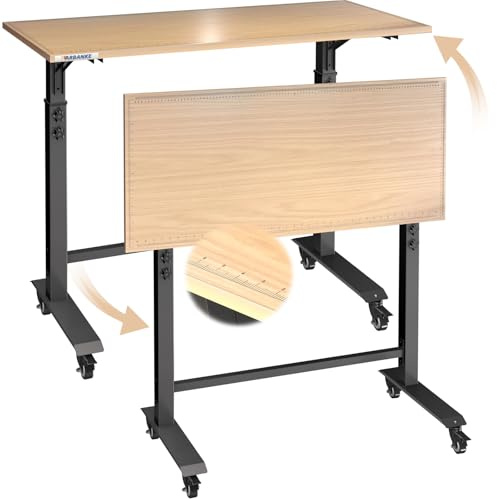 LARBANKE 110cm Heavy-Duty Folding Workbench,85cm-105cm Height Fold-Down Desktop Design,Space-Saving Workbench with Measuring Marks,with 4 * 360°Brake Wheels and Footpads