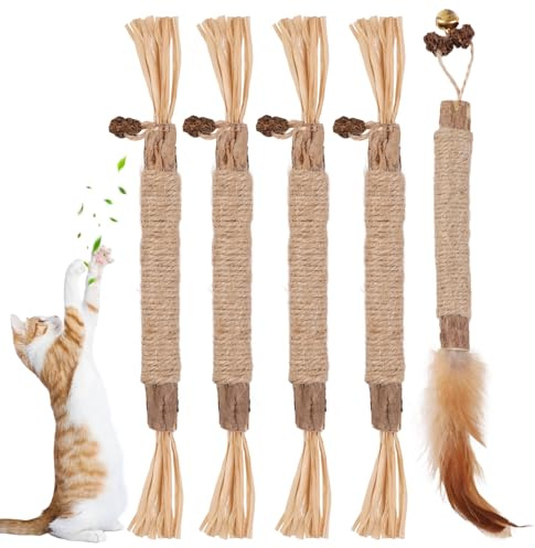 GeeRic 5pz Bastoncini Silvervine per Gatti, Bastoncino Erba Filo Sisal Gatto Naturale Sicuro Giocattolo Interattivo Bastoncini con Campanellino di Piuma Adatti a Gattini Ridurre Stress Igiene Dentale