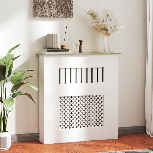 HOMCOM Cubre Radiadores Cubreradiador Diseño Moderno 78x19x81 cm Blanco | MDF, Cubierta para Radiador, Listones y Nido de Abeja, Salón y Dormitorio