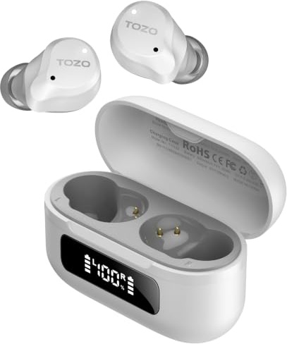 TOZO NC9 Hybrid Active Noise Cancelling Wireless Earbuds, 60H, LED Display | 6 Mic ENC Clear Calls, Deep Bass Sound, IPX8, in Ear Bluetooth 5.3 Headphones, 32 EQs, Comfort Fit Ear Buds for Office, White
