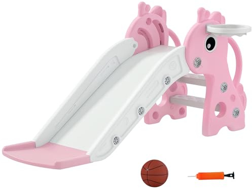 AIYAPLAY Toboggan pour Enfants 3 en 1 en Forme de Girafe avec Panier de Basket, Escalade et Ballon, Toboggan intérieur pour Enfants de 1 à 3 Ans, 106 x 51,5 x 52 cm, Rose