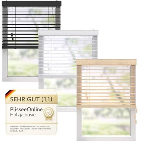 PlisseeOnline Holzjalousie 50 mm Eiche-Optik I Innenjalousie Holz 120x175 cm I Montage ohne Bohren oder Wand-/Deckenmontage I Sicht- & Sonnenschutz Fenster