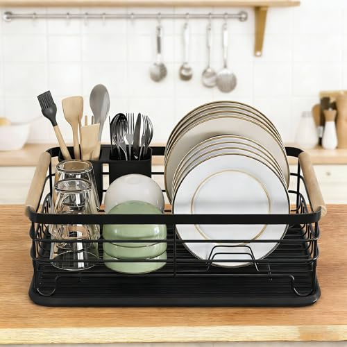 VTCFANA Dish Drainer Rack Dish Drying Rack Draining Board Rack Black | Dish Rack with Removable Drip Tray, Stainless Steel Dish Rack,Sink Drainer Rack with Cutlery Holder for Kitchen Counter