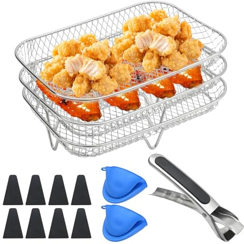Ollanoos 3Pcs Multi-Purpose Rectangular Air Fryer Rack, Stainless Steel 3-Layer Set with Accessories Replacement for Ninja, Achieve Even Airflow for Crispy Foods