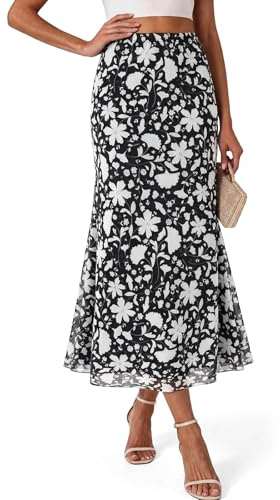 Wenrine Gonna Maxi Floreale A-Linea Leopardata Gonna Lunga Vita Elastica Alta Gonna Maxi Casual Puntini Gonna, Nero , S