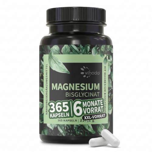 Vihado Magnesium Bisglycinat 365 XXL-Vorrat - Muskel- und Nervenfunktion, 200 mg elementares Magnesium pro Tagesdosis, hochdosiert, 365 vegane Kapseln