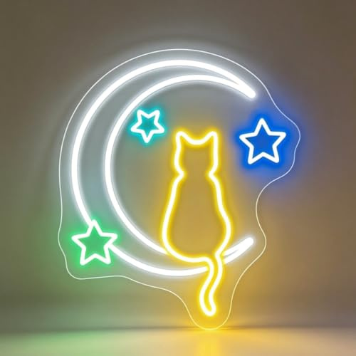 Moon Cat Neon Schild, LED Anime Katze Neon Sign für Wand Deko, Dimmbare Neonlicht USB Power für Kinderzimmer Schlafzimmer Wohnzimmer Bar Home Büros Hochzeit Geburtstag Party