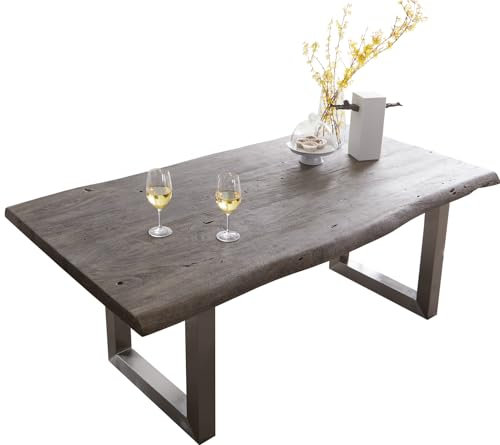 DELIFE Esszimmertisch Edge Akazie Platin 180x90 XL Edelstahl Breit Live-Edge