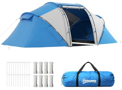 Outsunny Tenda da Campeggio 4 Posti con 2 Zone Notte, 430x240x170 cm | Borsa da Trasporto, Bianco e Azzurro