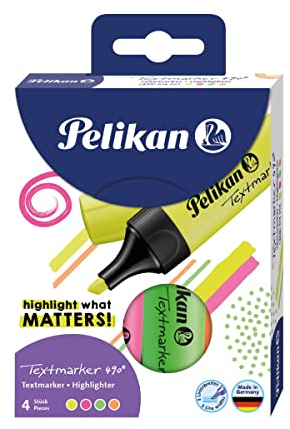 Pelikan Textmarker 490, 4 Neon-Farben, 4 Stück, mit Keilspitze