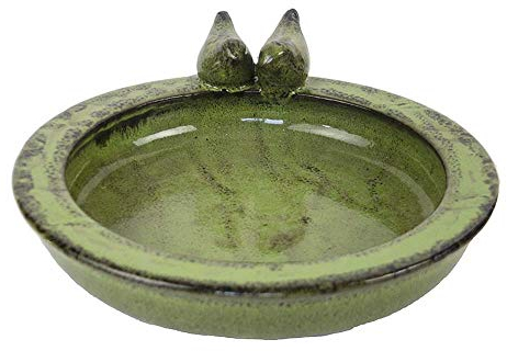 Rivanto® Keramik Vogeltränke mit Vogelfiguren, Ø 30 cm, Höhe 10 cm, grün, Vogelbad für Wildvögel, Futterstation