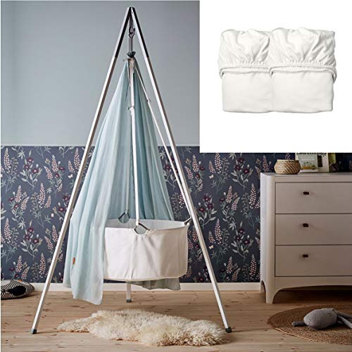 Wiegen-SET - Wiege mit Stativ weiß, Schleier/Himmel dusty blue und 2 Stück Spannbetttücher weiß