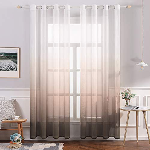 MIULEE Gardinen Transparent Vorhänge Farbverlauf Voile Sheer 2er Set Vorhang mit Ösen Dekoschal Fensterschal für Schlafzimmer und Wohnzimmer 215 cm x 140 cm(H x B) Weiß Kaffeefarbe