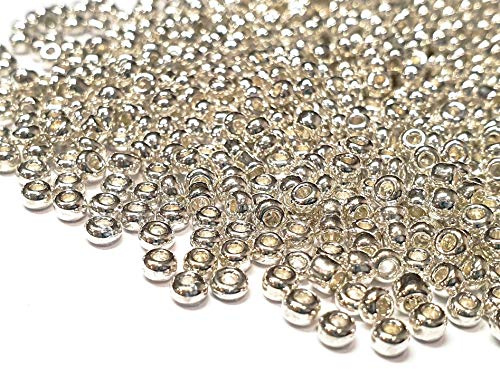 Perlin Rocailles Glasperlen Indianer Saatperlen Pony Perlen 4mm 6/0 Mini Rund, Metalic Seed Beads 1100 Stk (Silber Poliert)