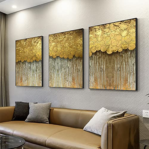Jianghu Art 3-teiliges Blattgold-Bild, Druck, Gemälde, Wanddekoration – Poster und Druck, goldenes Ölgemälde, abstraktes Bild, 70 x 90 cm (28 x 35 Zoll) x 3 mit Rahmen