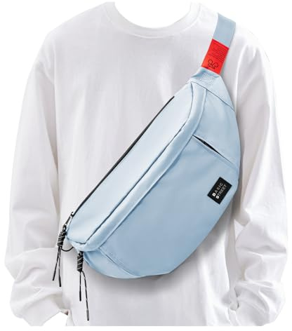 Grand Sac Banane à bandoulière pour Homme et Femme, Sac Banane imperméable avec Sangle réglable et 5 Poches zippées, Bleu Ciel, Large