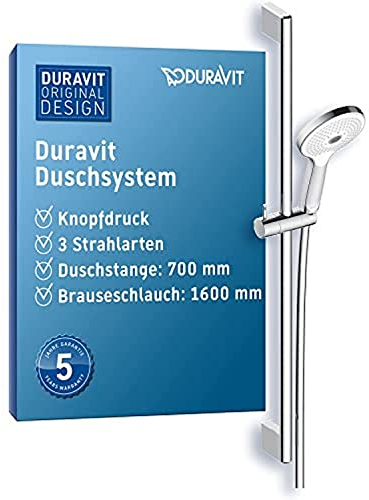 Duravit Universal Set doccia, Sistema doccia con 3 tipi di getto (Rain, Pulse, Mono), Asta doccia (700 mm) con doccetta regolabile in altezza, Tubo doccia con protezione antitorsione, Cromo/Bianco