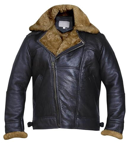 MARCO ENZOLANI Cross Zip B3 Bomber Aviator Real Shearling Brown Sheepskin Leather Jacket - Warm Leather Jacket (Crosszip Dark -3XL)