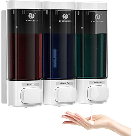 CHUANGDIAN Seifenspender Wandbefestigung ohne Bohren, Shampoo, Spülung, Duschgel, Handwäsche, Nachfüllbare Transparente Flaschen, für Badezimmerdusche,320 ml x 3 Kammern,Weiß