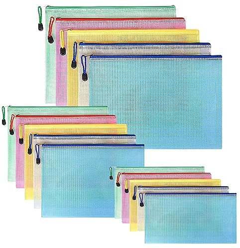 15 Stücke Zip Tasche, Dokumententasche A4+A5+A6, Mesh Kunststoff Reißverschlusstasche für Datei,Papier, Dokumente, Quittungen, Kosmetika und Farbe Taschen, 5 Farben