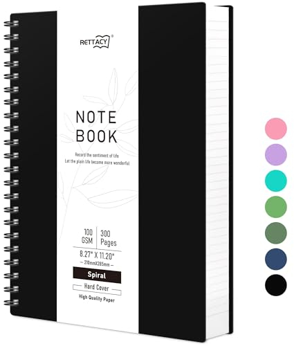 RETTACY Notizbuch A4 Gepunktetes, Bullet Dot Journal, Spiral-Notizbücher 150 Blatt/300 Seiten zum Schreiben, 100gsm, PVC Hardcover, für Frauen Männer Arbeit Büro Schule, 21.5 x 27.9cm – Schwarz