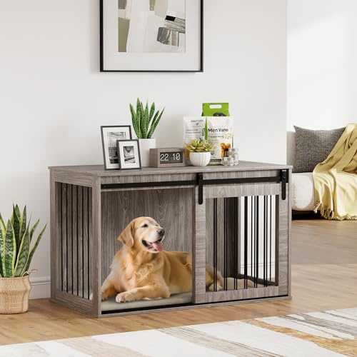 PawHut Dog Crate Furniture, Heavy Duty Dog Cage with Barn Door for Extra Large Breeds, End Side Table Pet Kennel with Removable Cushion for Indoor Use, 118 x 60 x 73 cm, Walnut Brown