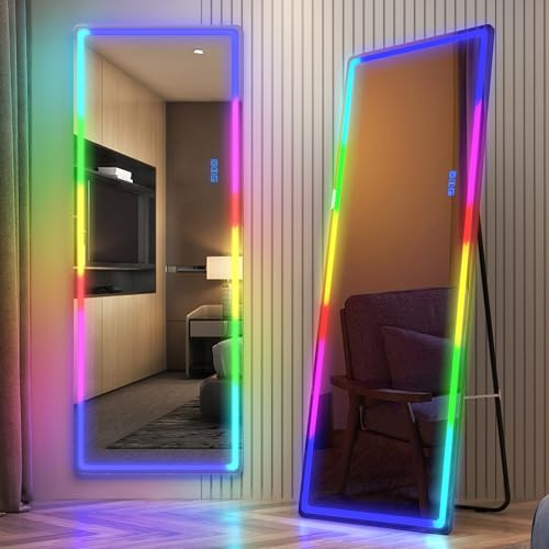 LVSOMT Helkroppsspegel med belysning, 153 x 50 cm LED-golvspegel, RGB väggspegel, stor, golvspegel i full längd med färgglada lampor, modern helkroppsspegel, ramlös för sovrum, svart