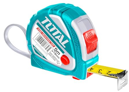TOTAL - Mètre ruban 5 m, mesure 5 m x 19 mm, bouton fonction 3 arrêts, avec cordon pour accrocher au poignet, mètre pour mesurer dans les travaux de menuiserie ou de construction générale